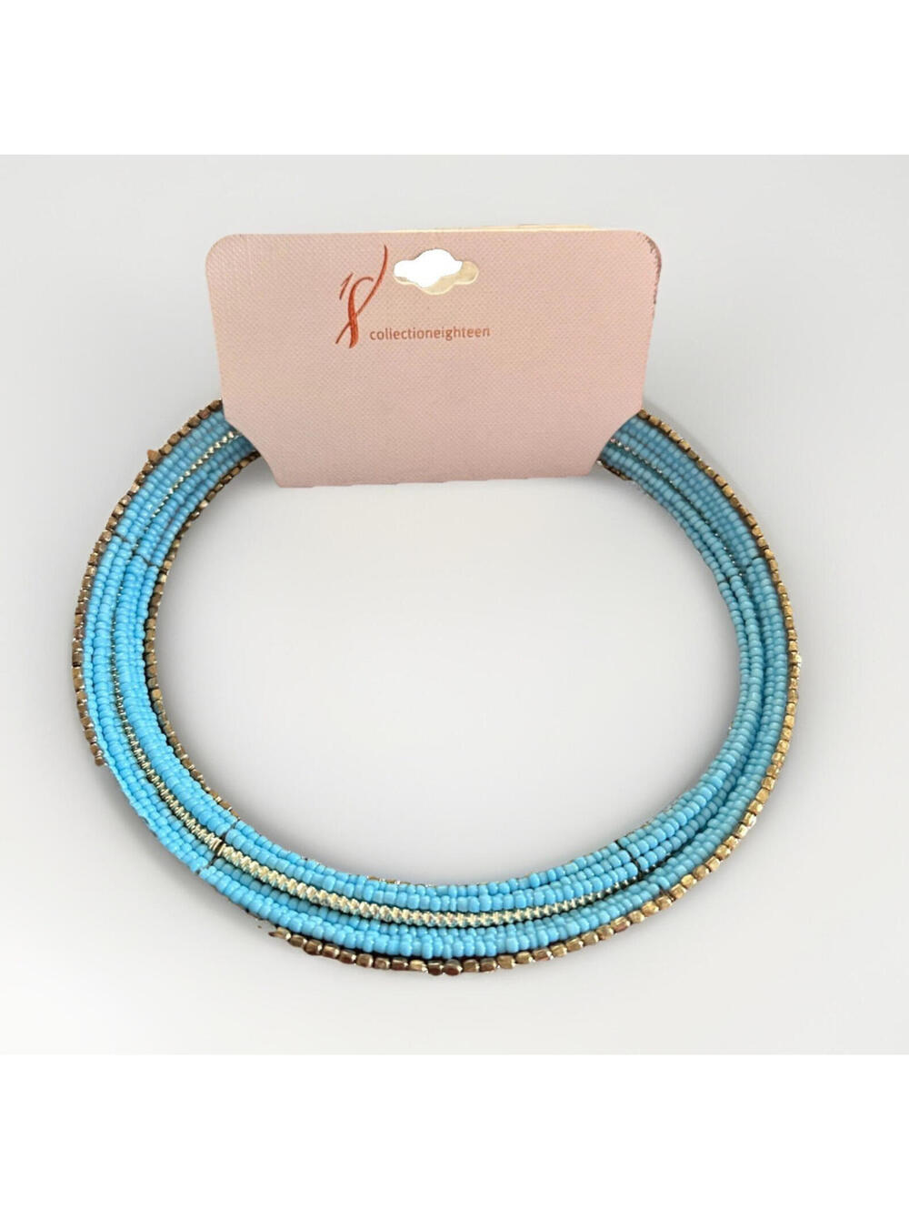 NEW Collection XIIX Eighteen Turquoise Blue Gold Seed Bead Collar Necklace 17" L